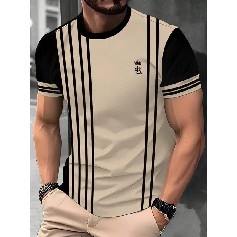 Men's loose fit short-sleeved T-shirt with 3D printed stripe patterns in business casual style