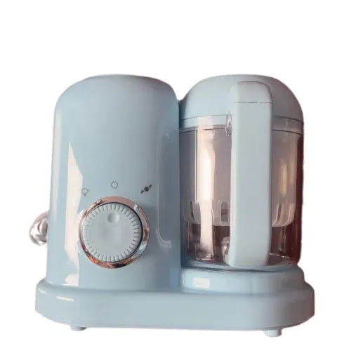 Green baby food processor with steamer and blender functions showing control panel and processing bowl