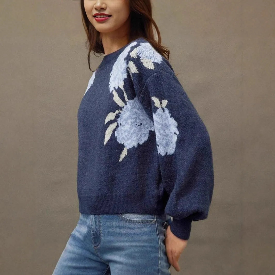 Sapphire Blue women's loose pullover with off-neck and floral jacquard pattern