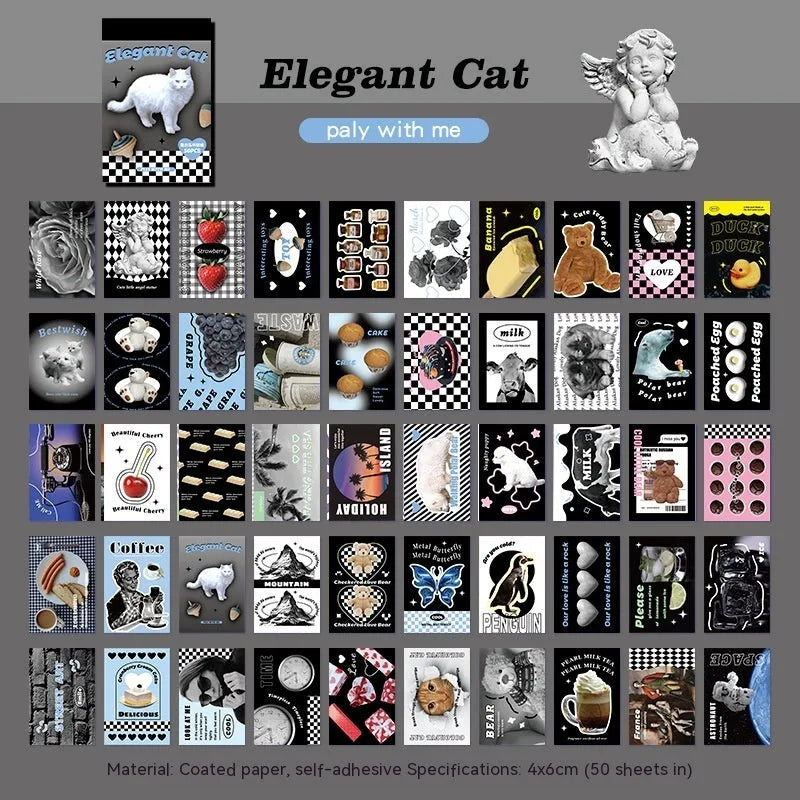 American retro cartoon sticker book showing 50 decorative adhesive sheets in six colour themes including ElegantCat Black and CafeAmericano Blue