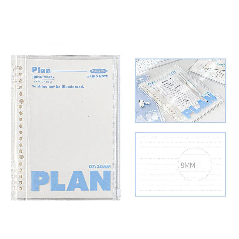 Clear blue and white A5 PVC notebook covers for spiral-bound notepads, showing dimensions of 148mm by 210mm