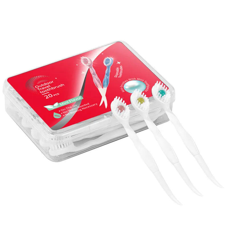 Box of 20 disposable bead toothbrushes for travel with flavour options including mint, peach, and plum green tea