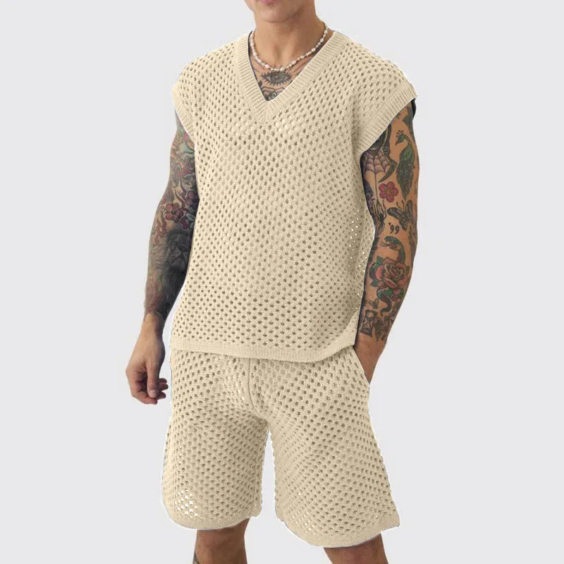 Men's blue V-neck knitted vest and matching shorts sports suit set for summer activities