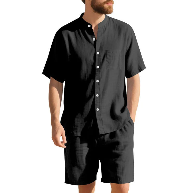 Men's linen-blend short-sleeve summer suit with Henry collar shirt and matching shorts