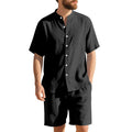 Men's linen-blend short-sleeve summer suit with Henry collar shirt and matching shorts