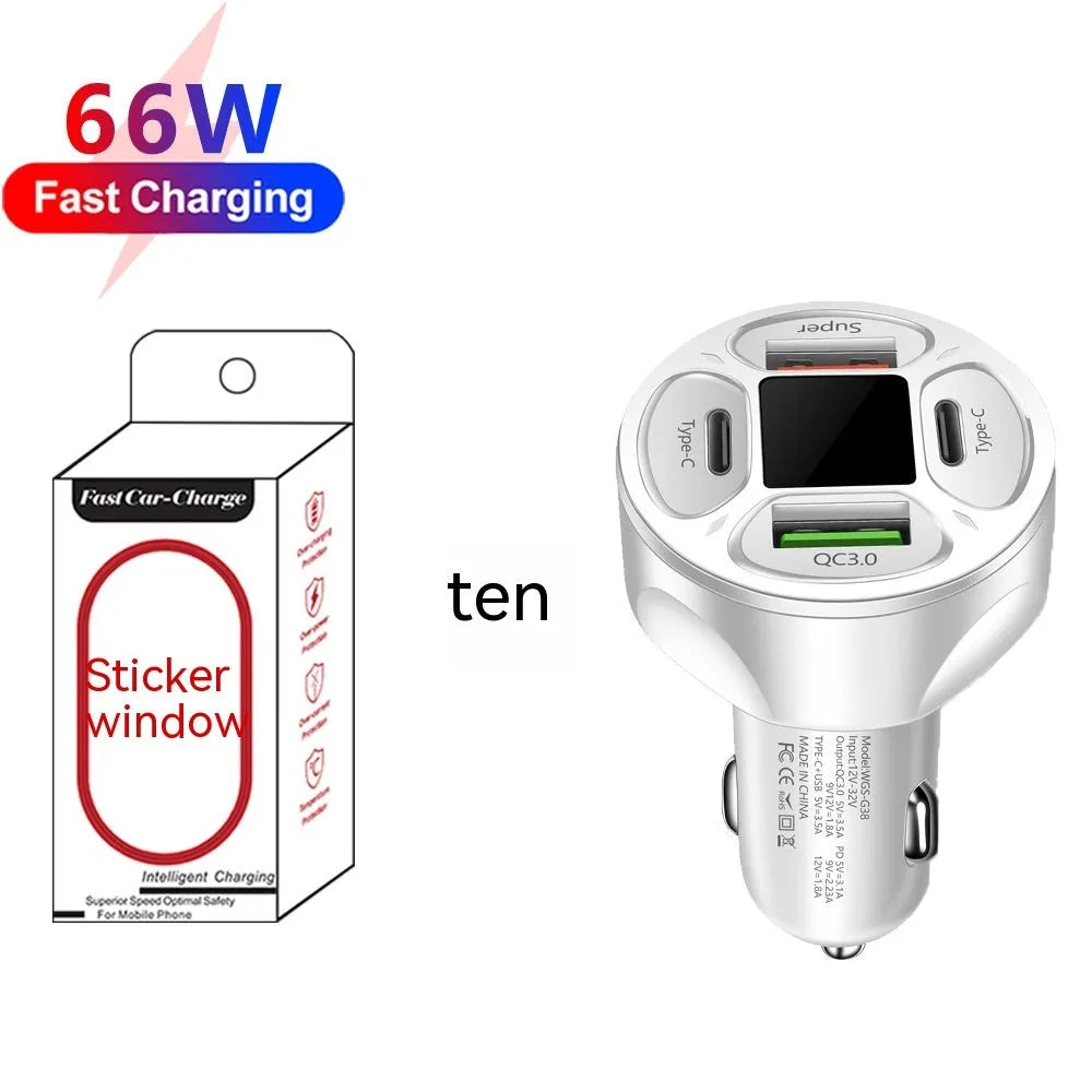 66W black digital display car charger with two USB ports and two Type-C ports.
