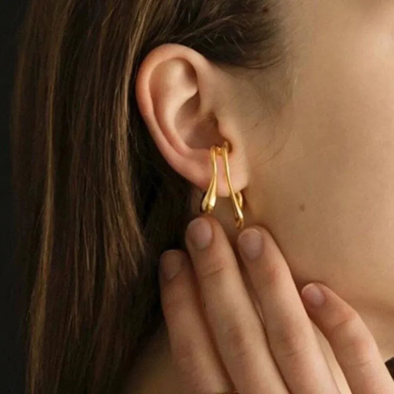 Double-layer earless ear clips in gold or silver electroplated copper with geometric line design, one pair