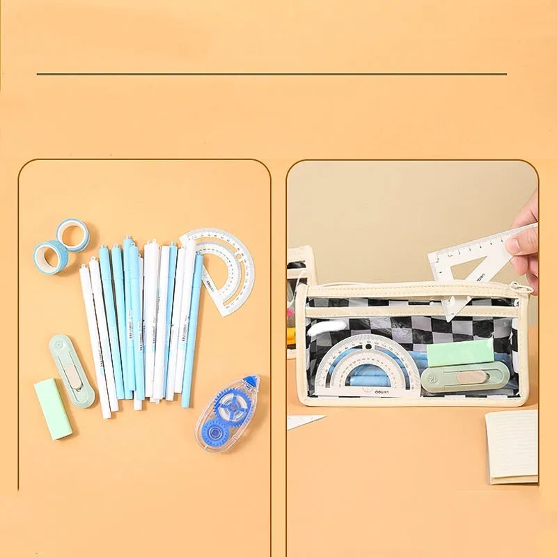 PVC transparent pencil case with chessboard pattern showing pens inside, dimensions 21.5 x 8 x 11.5 cm