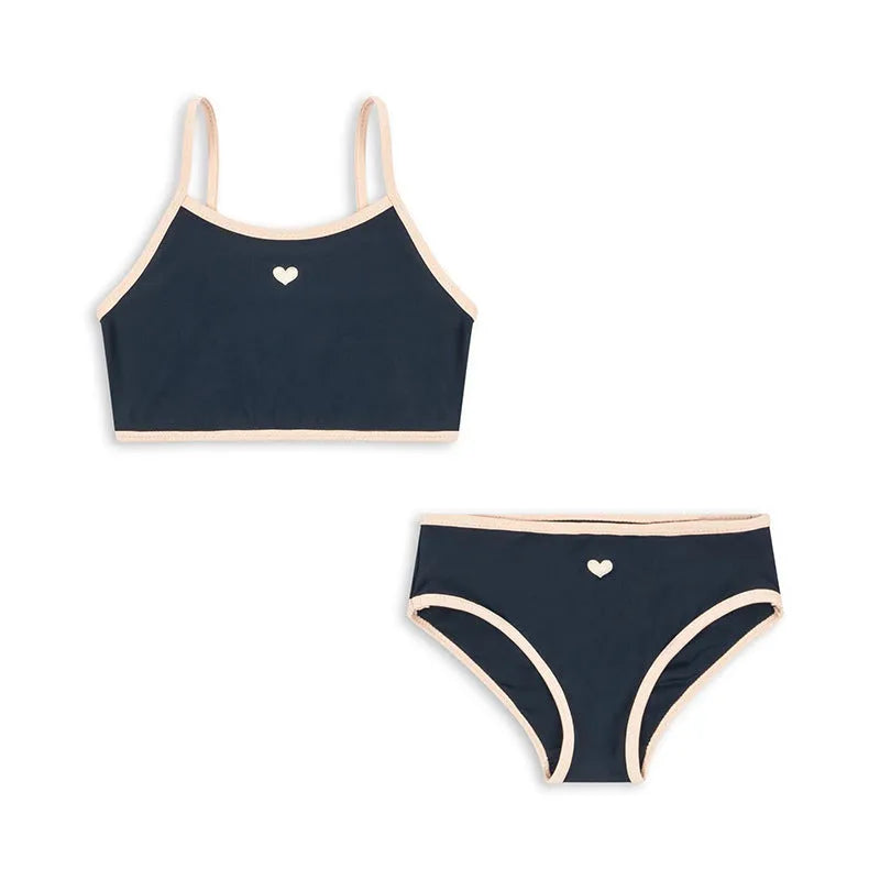 Dark blue split baby swimsuit for girls aged 1-6 years in briefs style with high elasticity construction