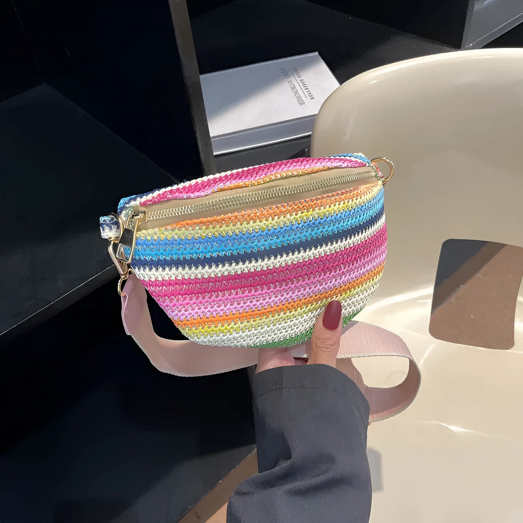Woven straw women's beach bag with single strap and zipper compartment in pink or blue