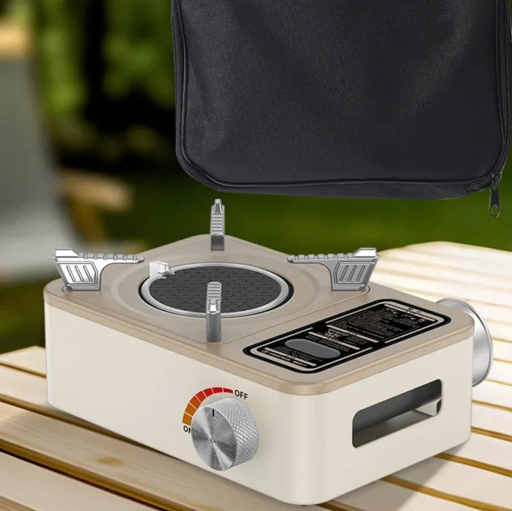 White portable stainless steel infrared gas stove for outdoor windproof cooking.