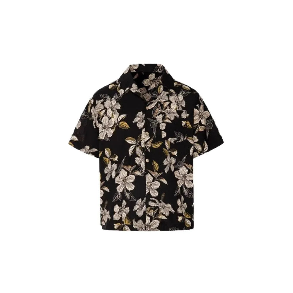 Black men's ice silk shirt with floral print, Cuban collar, and short sleeves on a hanger.