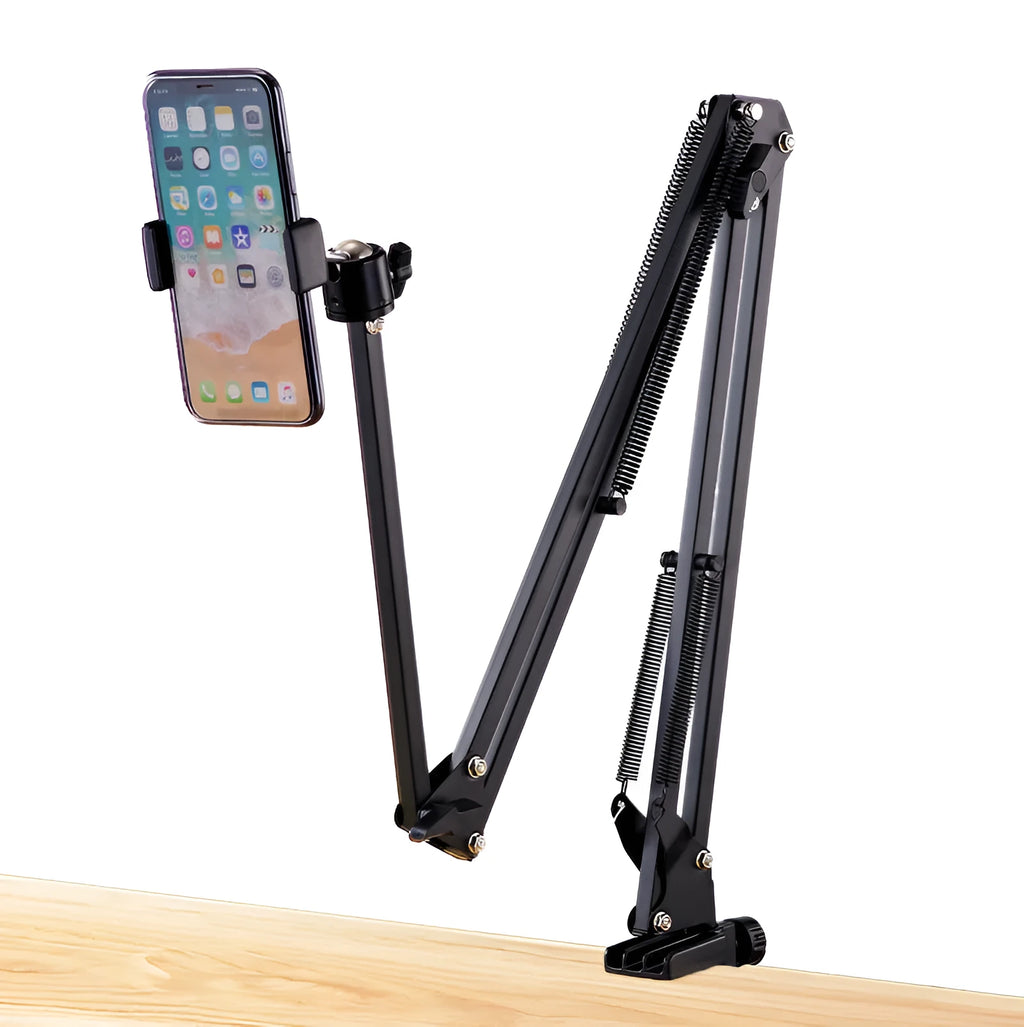 Black foldable metal desktop bracket holding tablet at adjustable angle