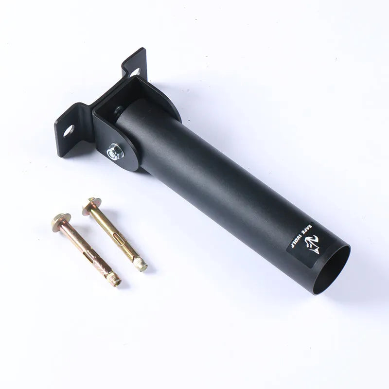 Steel pipe wall rack holding multiple barbell rods, with two inner diameter size options shown.