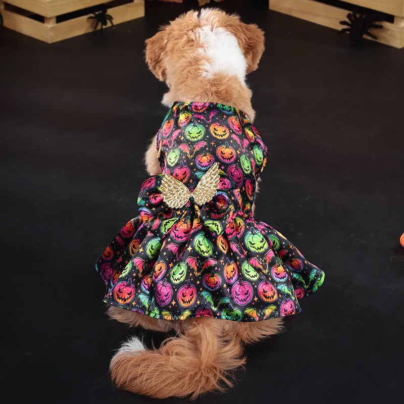 Halloween dog costume with angel wings in bright pumpkin orange or bat print design