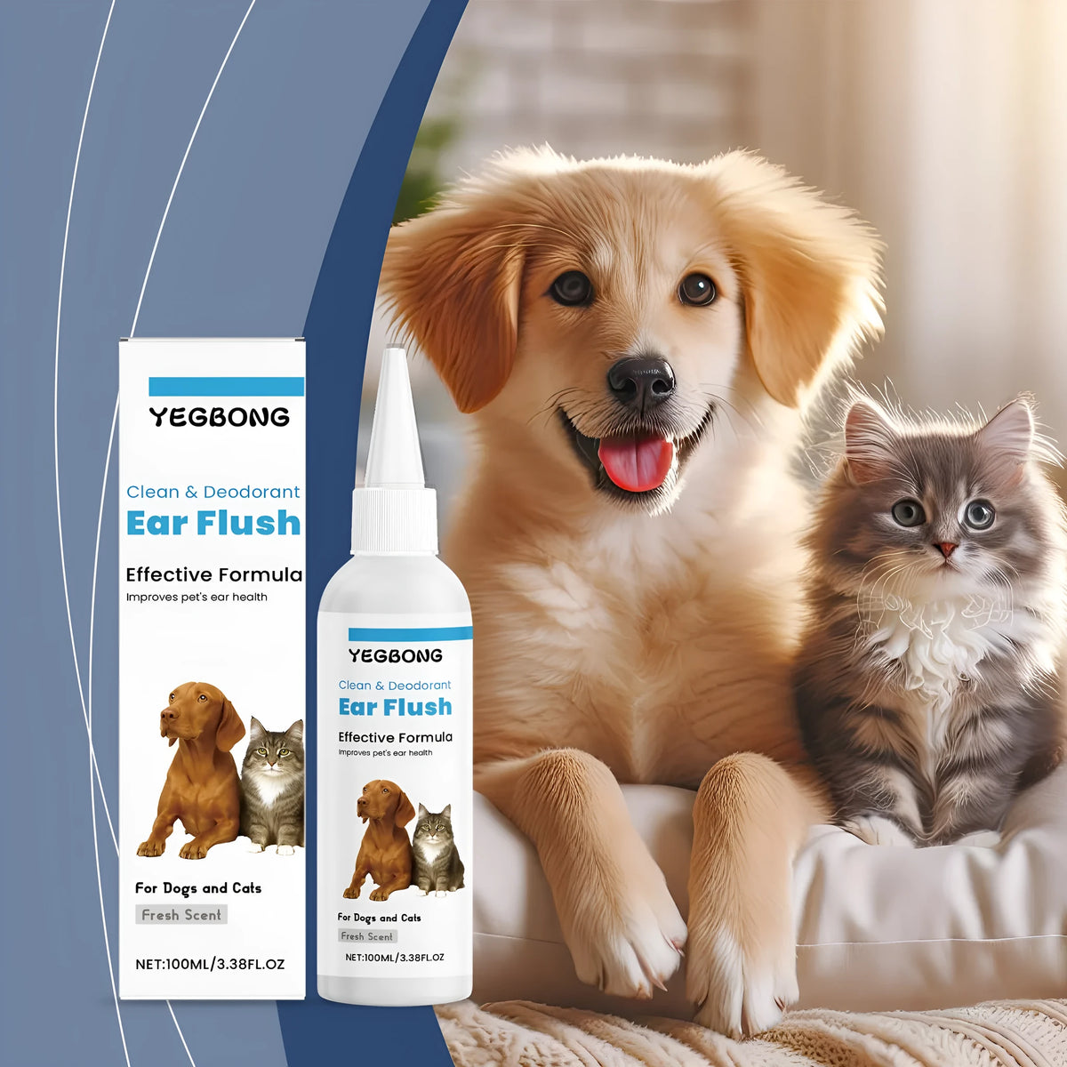 100ml bottle of cat and dog ear cleaner solution for pet ear hygiene