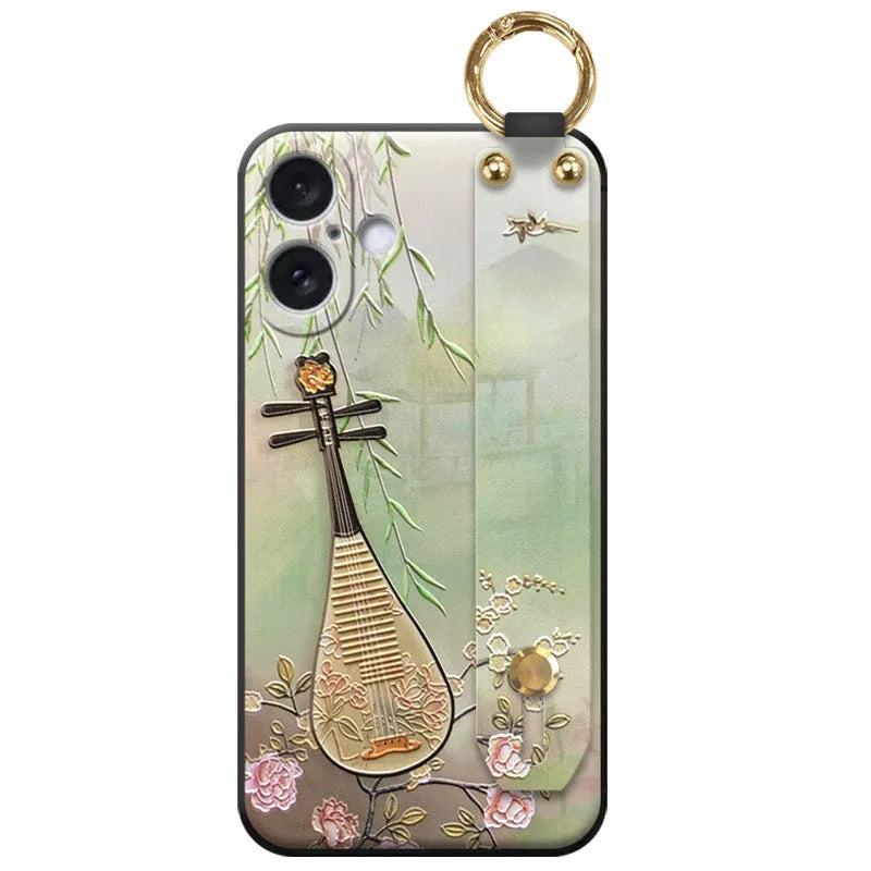 Retro Pipa flower-bird TPU iPhone case in black woven blue floral or magnolia print