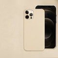Genuine leather half-frame protective case for iPhone on a table in beige colour.