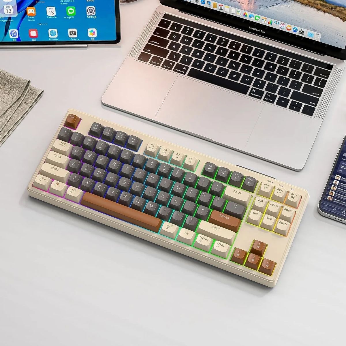 Wolf M87 wireless dual-mode keyboard in a compact 87-key layout with coloured keycaps