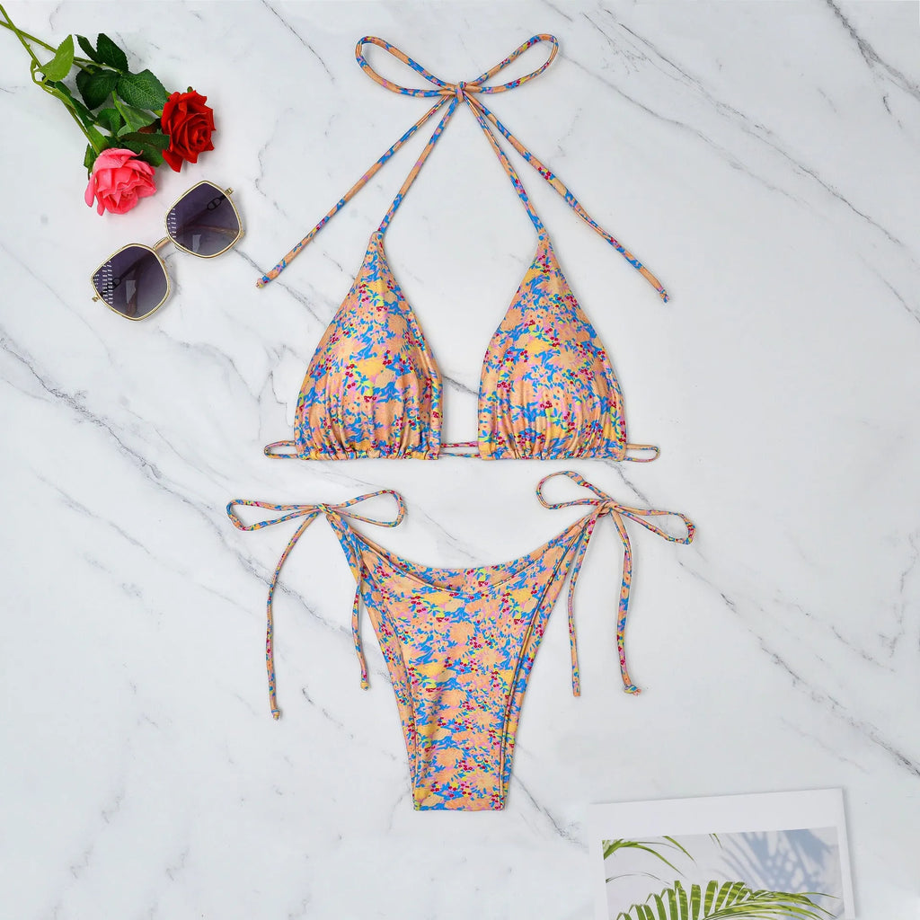 Lace-up bikini swimsuit with backless design and split briefs style in picture colour