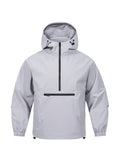 Men's light gray Korean-style loose half-zip hooded corduroy jacket on a hanger.