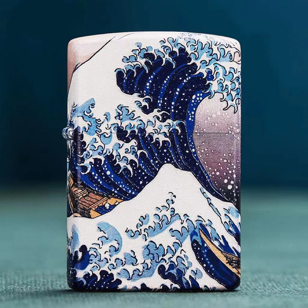 Coloured lacquer windproof lighter with Kanagawa surf design, steel inner liner, copper housing, 58 x 39 x 13mm.