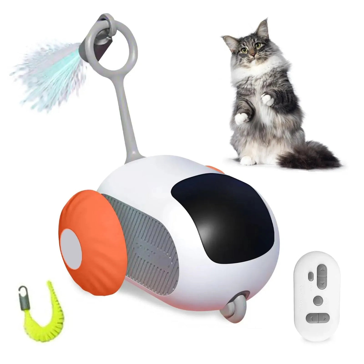 Smart cat toy car with remote control in blue colour showing feather teaser attachment