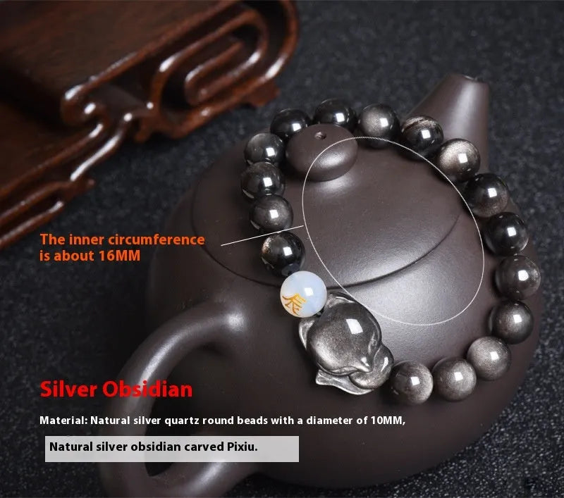 Natural obsidian bracelet with 10mm beads in national style, showing gold obsidian, silver stone, and obsidian options.