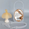 Small pink or grey latex mushroom fidget gum in a transparent box with a chain.
