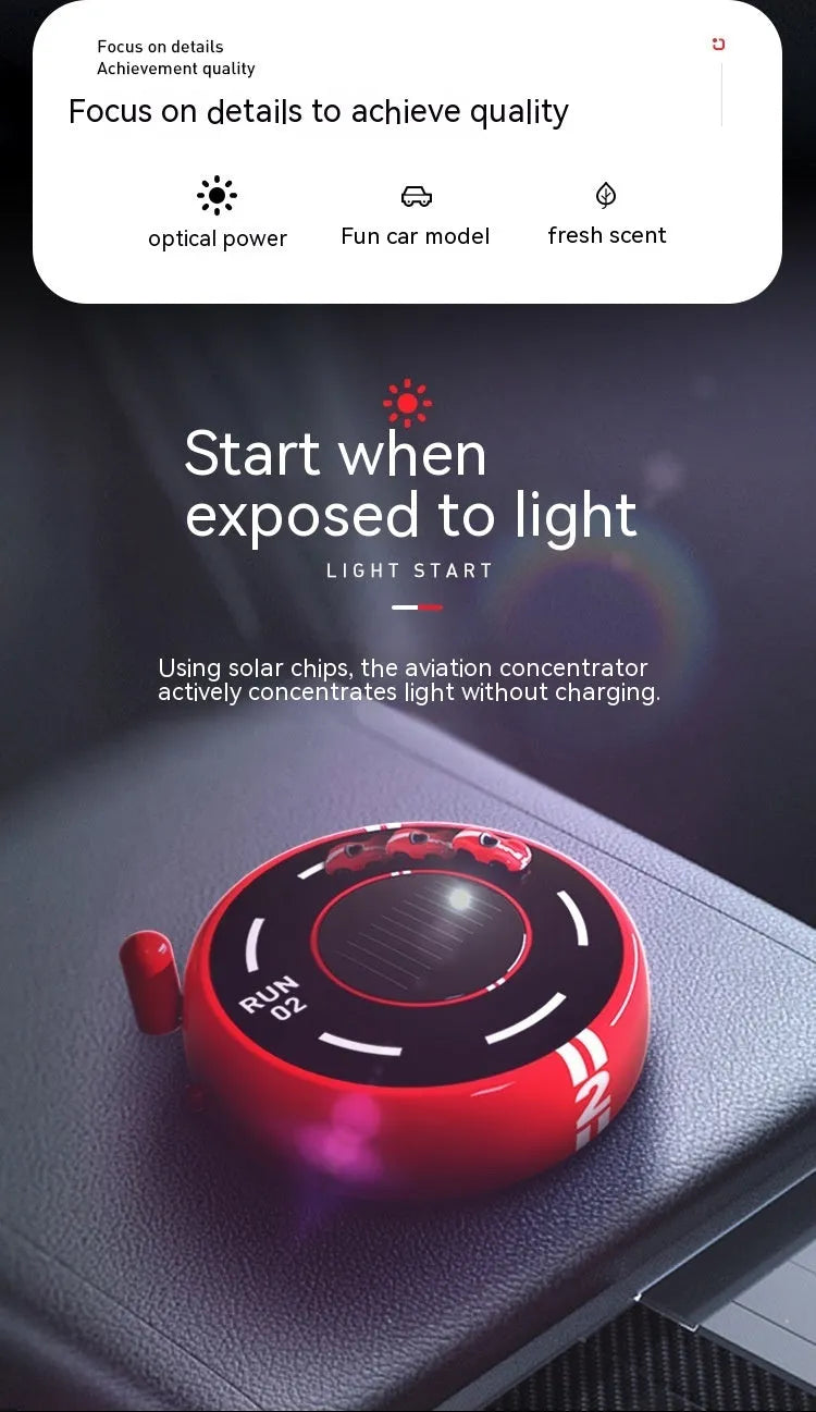 Solar car fragrance decoration with modern round design for vehicle dashboard placement