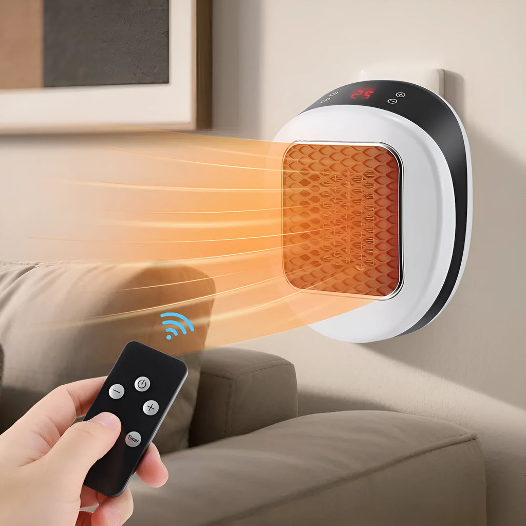 White ceramic heating electric heater with remote control, dual voltage compatible for EU and US outlets