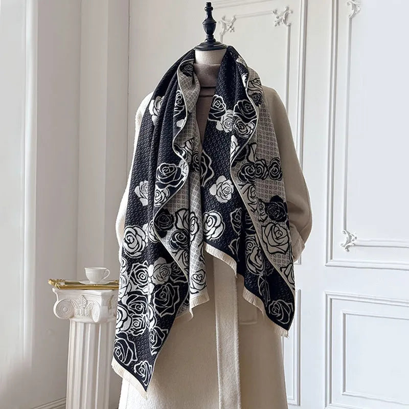 Imitation cashmere scarf measuring 185cm by 65cm with tassel fringe in winter colours