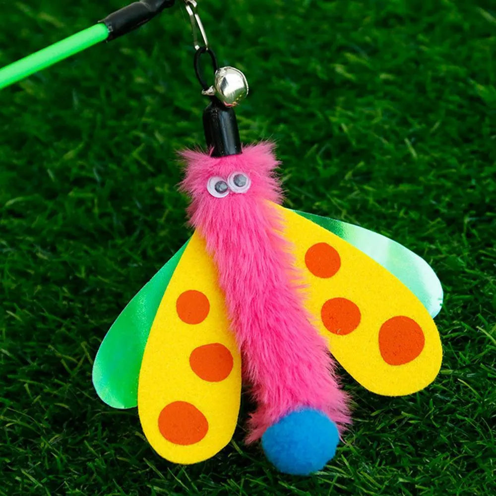 Blue, yellow, and pink dragonfly cat wand toy on a 49cm stick with a bell.
