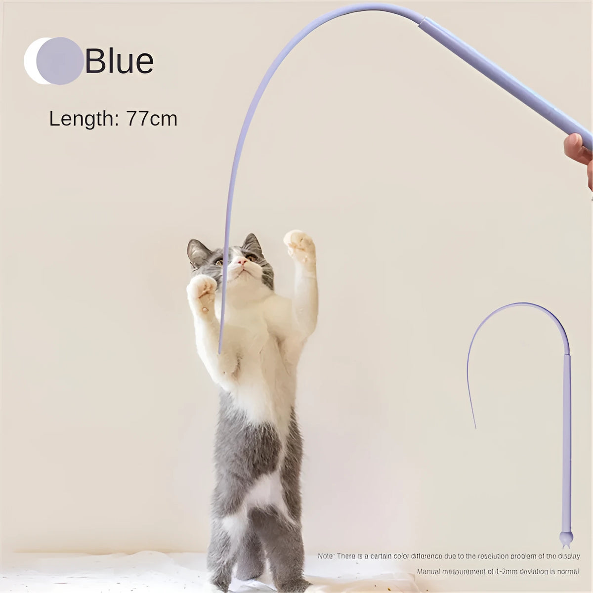 Blue simulated mouse tail cat toy with silicone tail and cat head design on 80cm wand