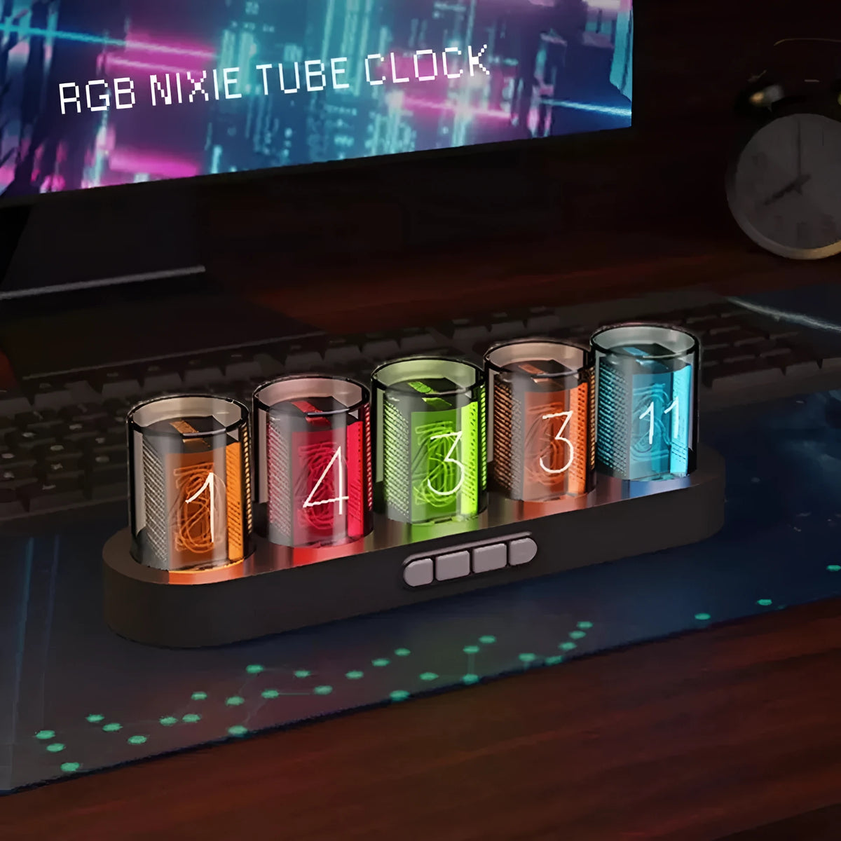 RGB Luminotron LED digital clock showing colourful display on desk in wood grain finish