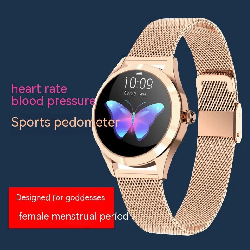 Women's sports smartwatch showing fitness tracking display on wrist, available in black, white, rose gold, and silver.