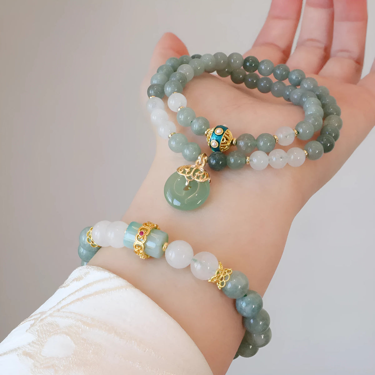 Myanmar jade and crystal safety buckle bracelet with geometric new Chinese style design