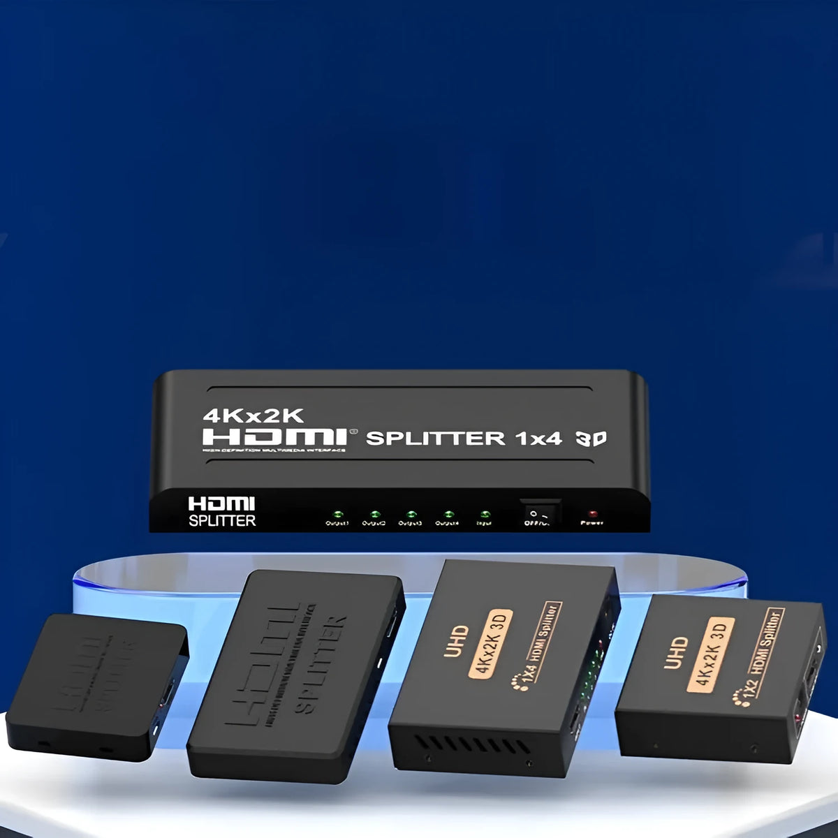 Black HDMI splitter device with one input and two output ports showing USB power connection