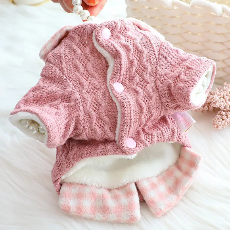 Blue plaid fleece-lined cotton dog sweater jacket on small breed dog