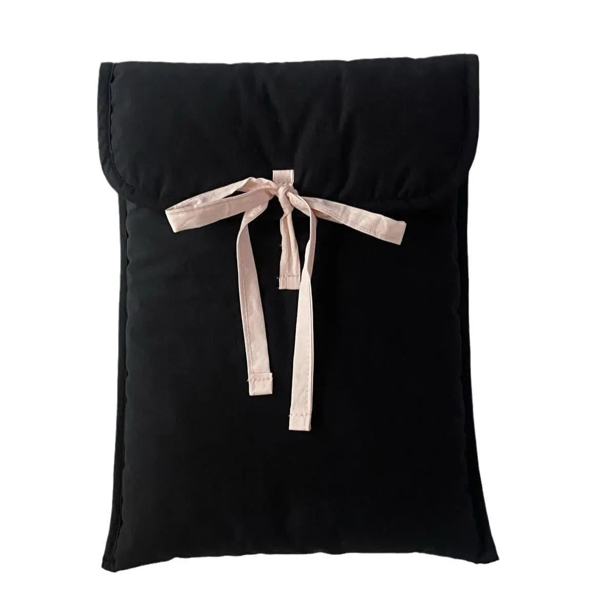 Women's black quilted computer bag with ballet style bow and striped pattern