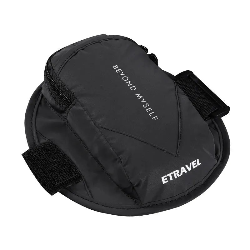 Reflective running arm bag with 7-inch capacity shown in black with reflective strips for night safety
