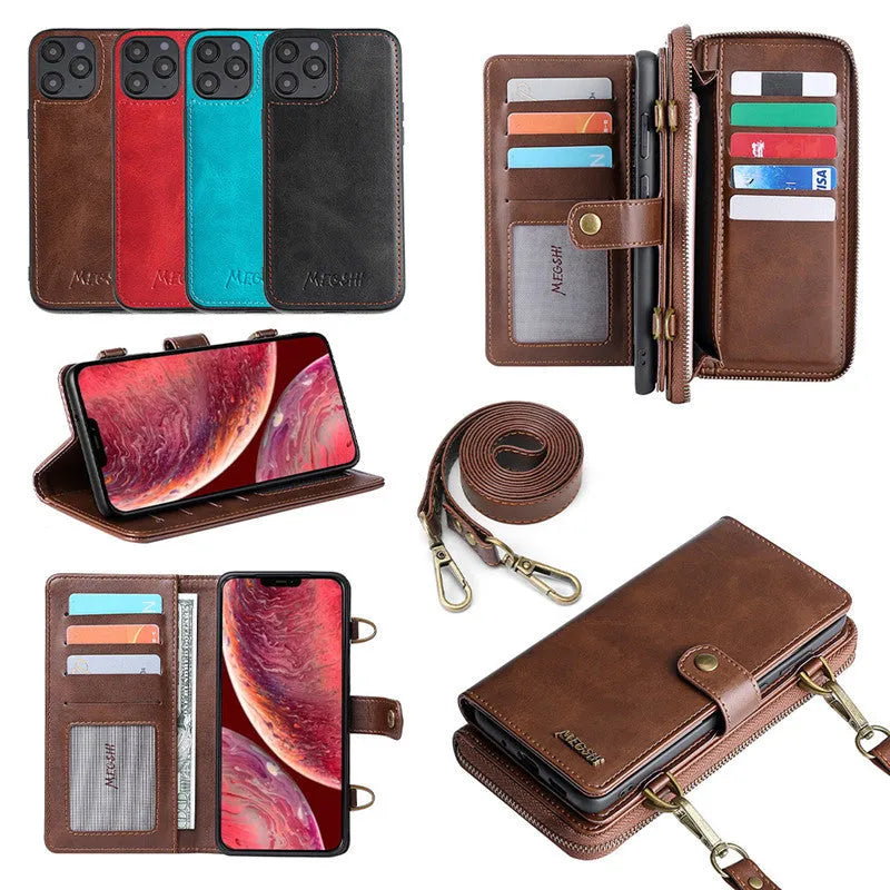 Leather flip phone case with detachable wallet backpack in black, blue, brown, or red colour