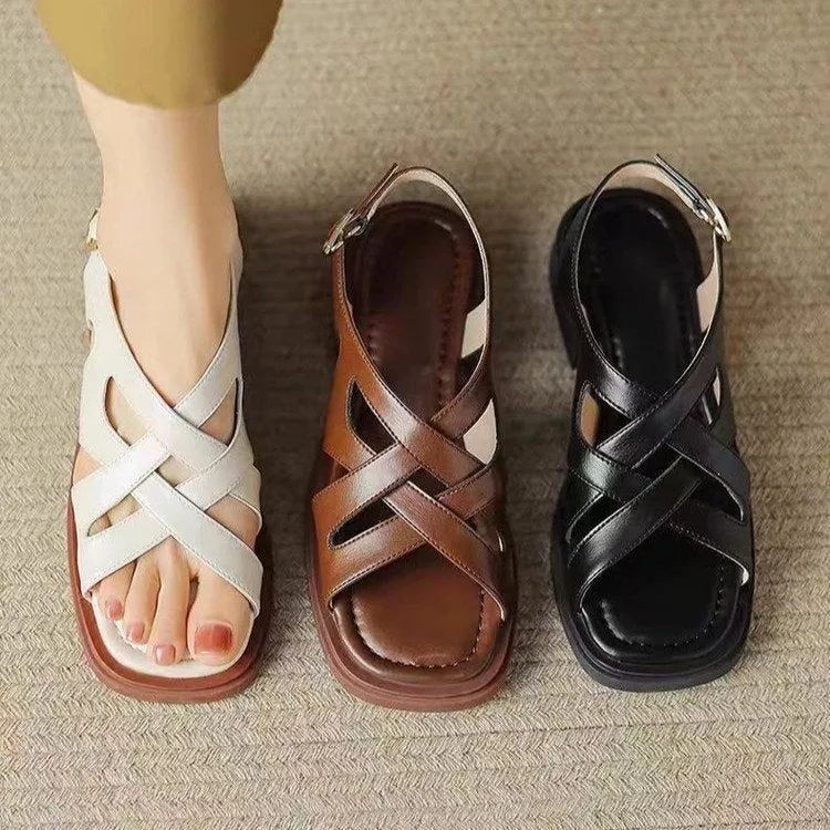 Women's glossy patent leather sandals with square toe and ankle strap in black, white, or brown