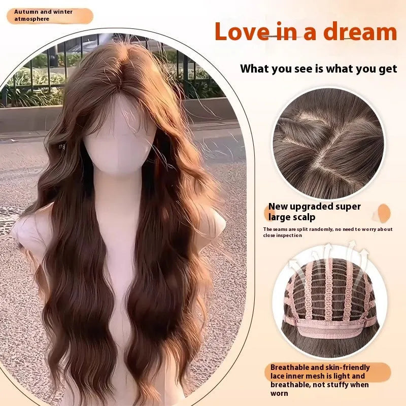 A woman wearing a long curly synthetic wig with side bangs, available in cold brown and brown black colours.