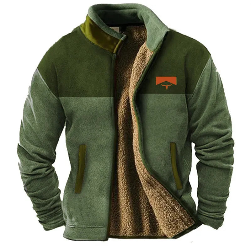 Men's blue polyester fleece padded coat with regular length design on hanger