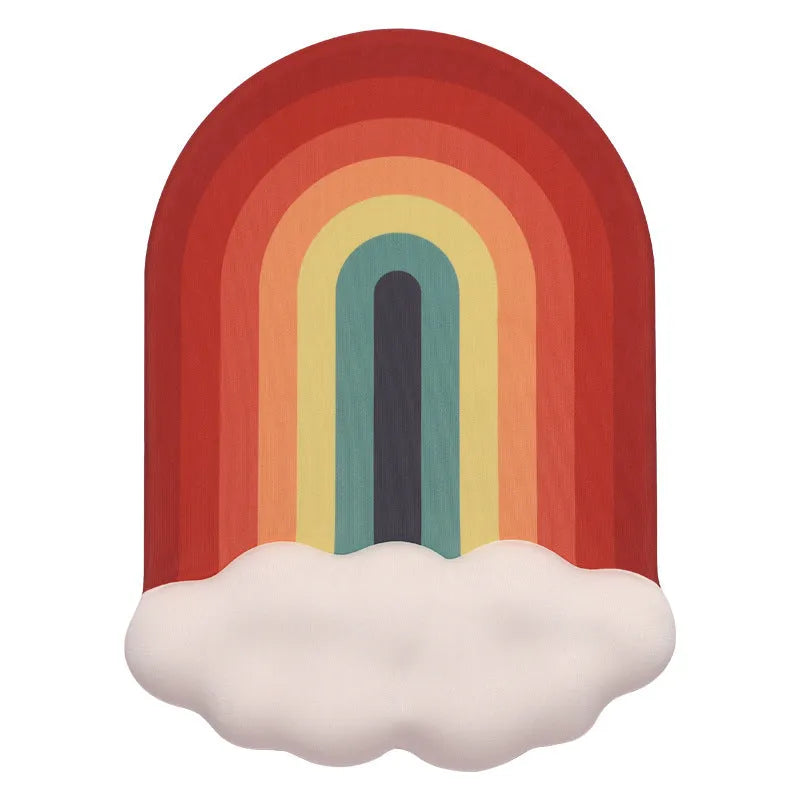 Silicone gel wrist rest mouse pad and keyboard support set in Cloud Rainbow design on a desk