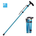 Aluminium folding walking cane shown extended and collapsed, with adjustable height and non-slip handle.