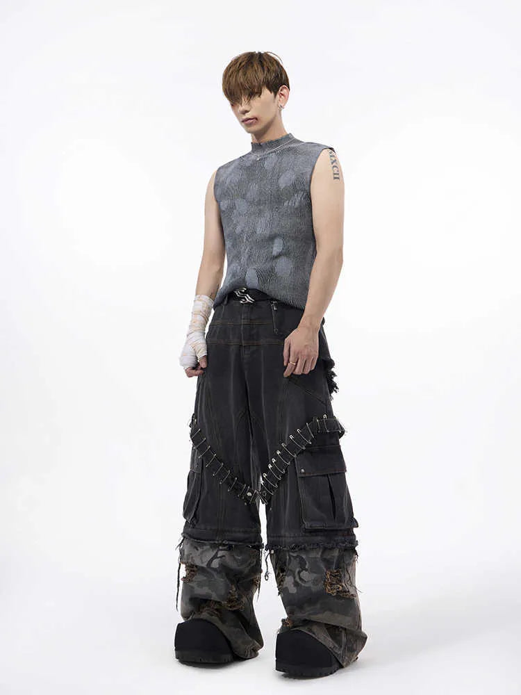 Men's black sleeveless vest with a stand collar and silver brushed detail, showing pullover design.