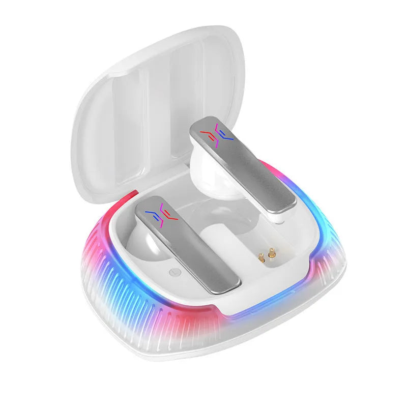 Hall Flashing black and white wireless in-ear gaming headsets with charging cable.