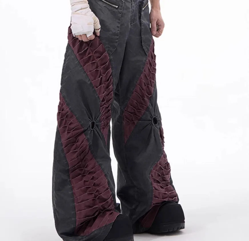 Retro grey three-dimensional keel casual sports pants on a model, showing straight hem and tight fit.